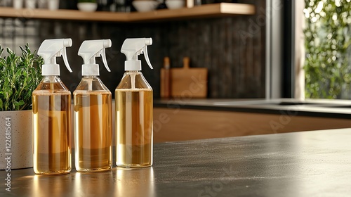 Eco friendly product concept. A set of refillable glass cleaning spray bottles with natural cleaning solutions, arranged on a kitchen counter Sustainable, practical, and clean photo