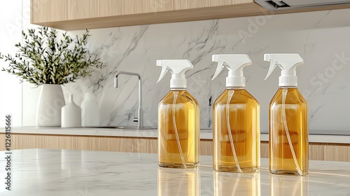 Eco friendly product concept. A set of refillable glass cleaning spray bottles with natural cleaning solutions, arranged on a kitchen counter Sustainable, practical, and clean photo