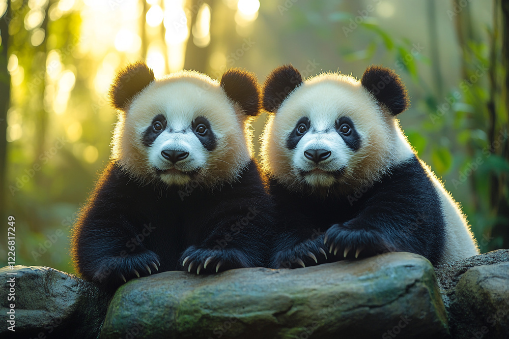 Fototapeta premium Two adorable panda cubs sitting on rocks at sunset