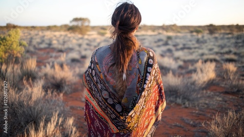 An Aboriginal Australian woman standing with her hands behind her back, wearing a traditional possum-skin cloak adorned with intricate dot paintings, symbolizing her ancestral stories. The background