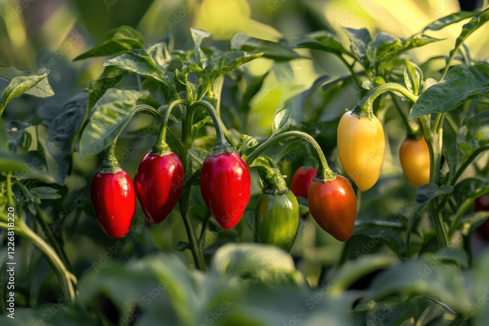 Colorful chili peppers ripening in garden, sunlight Colorful chili peppers ripening in garden, sunlight
