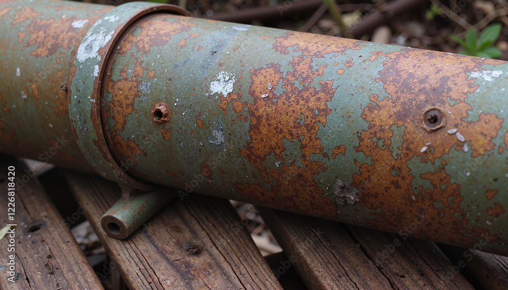 Rusty metal pipe on wooden surface Rusty metal pipe on wooden surface