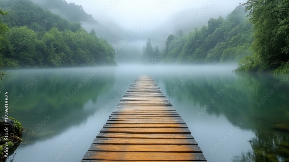 Misty lake pier, serene forest, tranquil morning Misty lake pier, serene forest, tranquil morning