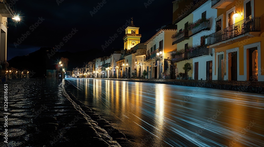 A long exposure night shot of a cobblestone street, with glowing streetlights reflecting off the wet surface A long exposure night shot of a cobblestone street, with glowing streetlights reflecting off the wet surface