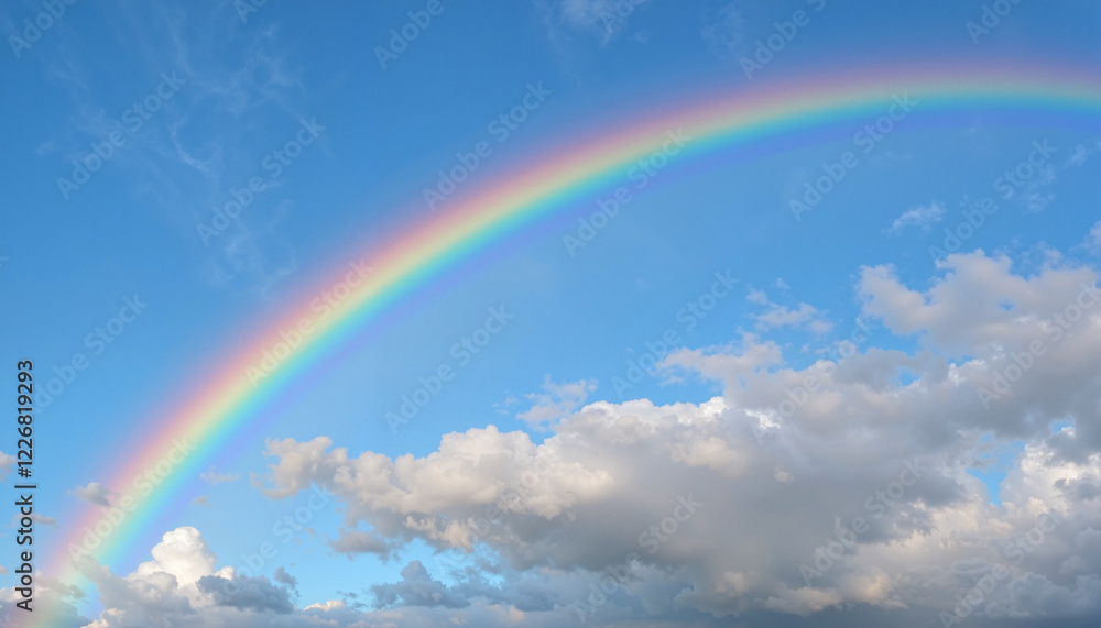 Rainbow arching across blue sky with clouds Rainbow arching across blue sky with clouds