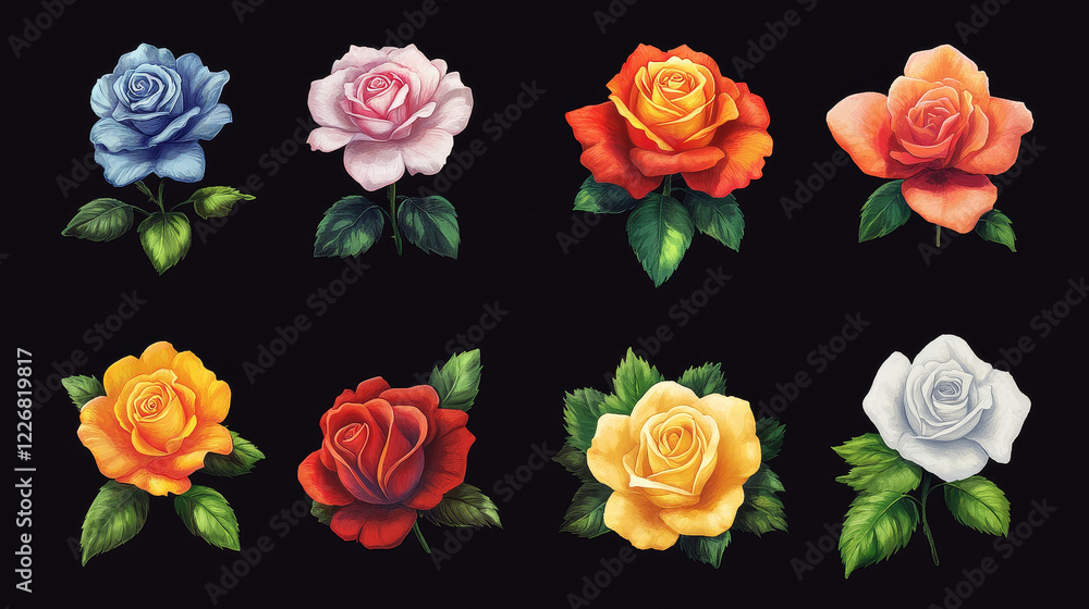 Spring seasonal holidays icon set. Spring flowers of roses floral design. Concept of love spring and springtime. Emblems for Mother day Spring seasonal holidays icon set. Spring flowers of roses floral design. Concept of love spring and springtime. Emblems for Mother day