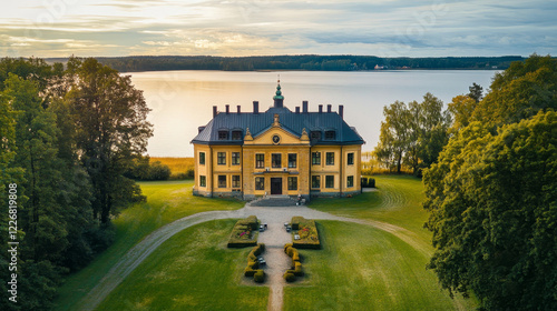 Travel landmarks of Finland and Denmark thin line icon with sea fortress Sveaborg, Lutheran Church of Kotka, art museum Ateneum and palace of danish royal family Amalienborg photo