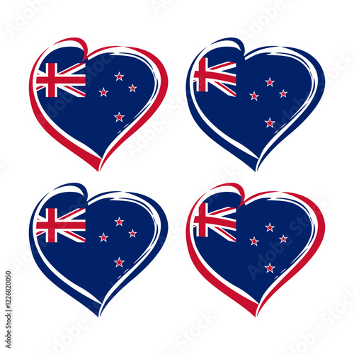 Set of isolated hearts with flag of New Zealand background elements and clipping mask. Creative heart shape. Branding identity concept, graphic element for tourism business, sports or politics.