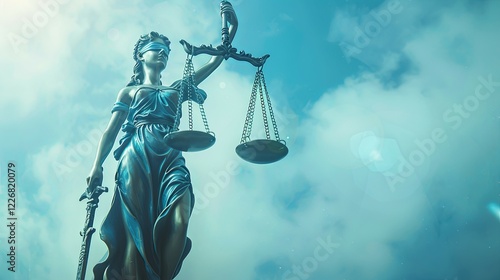 Lady Justice statue holds scales of justice against a sky photo