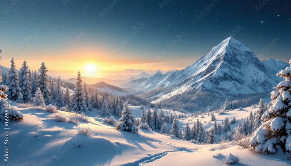 Obraz premium Majestic snowy mountain and forest landscape at sunrise in winter