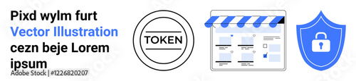 Security token icon, online storefront graphic, and shield with lock symbol in blue for online security. Ideal for cybersecurity, e-commerce, web protection, digital transactions, safe browsing, user