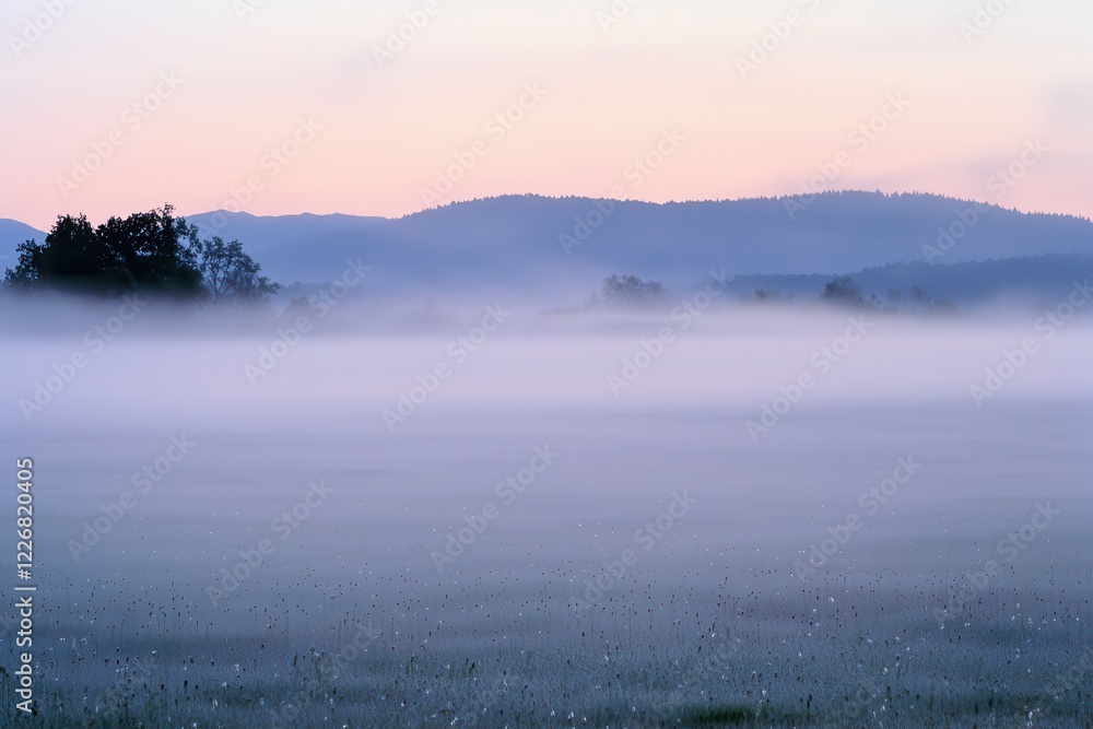 Fototapeta premium Spring Fog on a Meadow A misty meadow at dawn, with soft light illuminating dewdrops on the grass