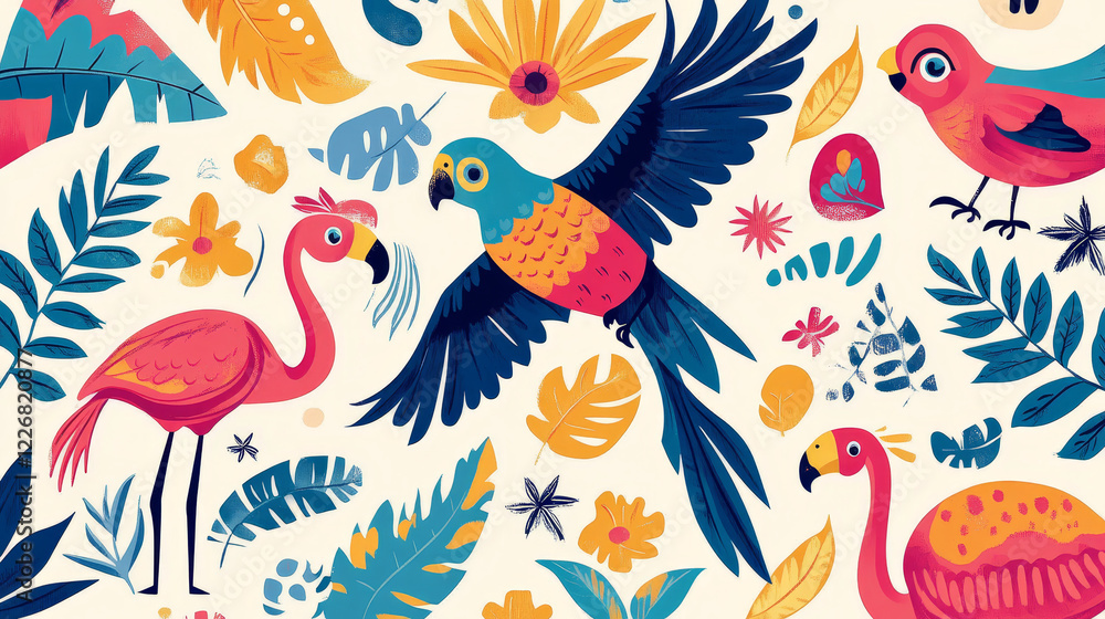 Animals and birds seamless patterns set with dinosaur, dove, owl, hummingbird, swallow, eagle, parrot, flamingo, swan and animal tracks Animals and birds seamless patterns set with dinosaur, dove, owl, hummingbird, swallow, eagle, parrot, flamingo, swan and animal tracks