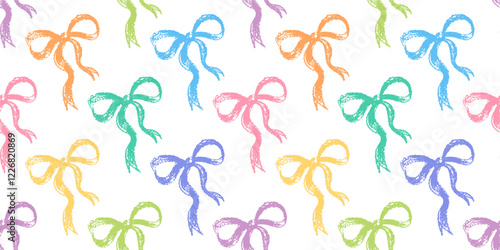 Bow pattern. Ribbon seamless background. Crayon colorful gift bow vector patter. Trendy present hand drawn element. Rainbow cute ribbon, knot bg. Vintage doodle girl gift print. Retro simple element