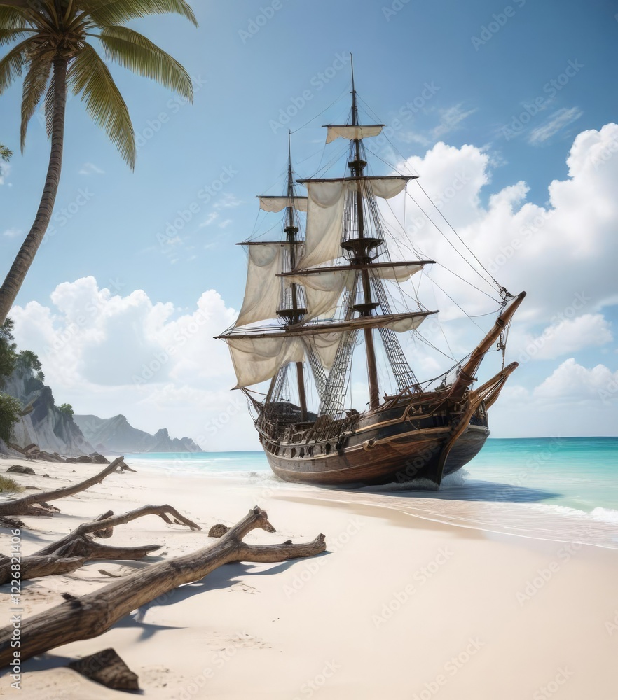 Old sailing ship stranded on a pristine white sandy shore , beach, sailing, shipwreck