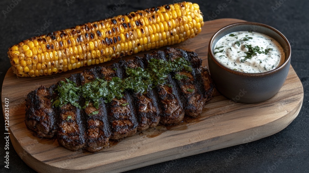 Grilled Steak with Corn and Herb Sauce Plated on Wooden Board Grilled Steak with Corn and Herb Sauce Plated on Wooden Board