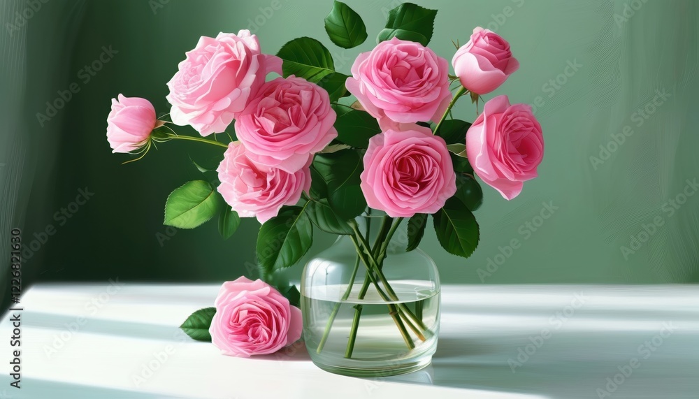 Fototapeta premium Elegant pink roses in glass vase with sunlight on green background