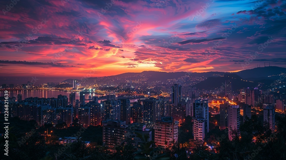 Fototapeta premium Vibrant Sunset Over Cityscape Illuminating Buildings At Night