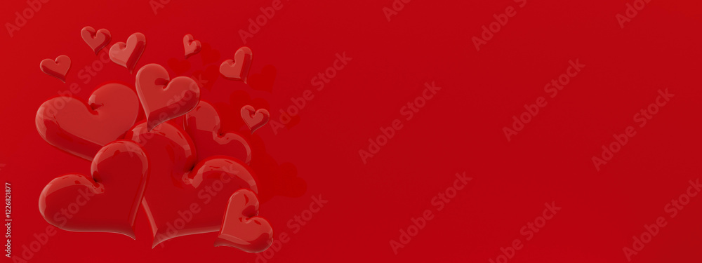 Valentine day background. Red glossy balloon hearts soar on red background, banner for web, border, copy space. Love wedding background. 3D illustration for advertising, design, poster, card, flyer. Valentine day background. Red glossy balloon hearts soar on red background, banner for web, border, copy space. Love wedding background. 3D illustration for advertising, design, poster, card, flyer.