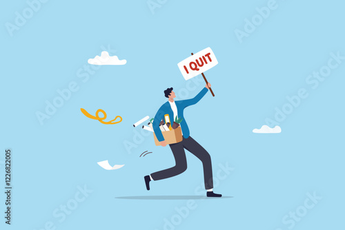 Quit full time job, resignation or end career, change job leaving company, employee termination, unemployment or burnout dissatisfaction exit layoff concept, businessman with stuff with quit job sign.