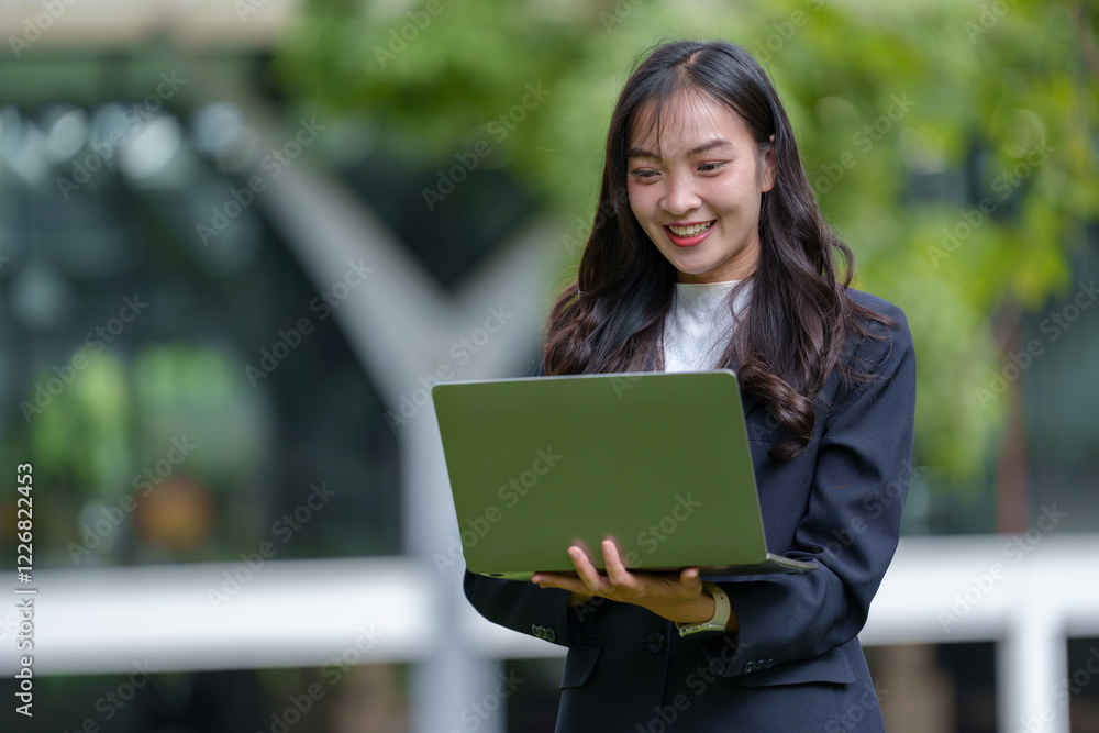Fototapeta premium Young asian businesswoman is smiling while using a laptop outdoors, enjoying the fresh air and greenery of an urban park, suggesting a blend of work and leisure