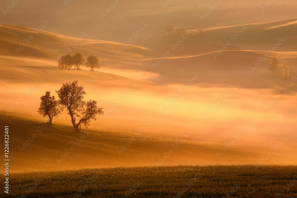 Spring Fog on a Meadow A misty meadow at dawn, with soft light illuminating dewdrops on the grass Spring Fog on a Meadow A misty meadow at dawn, with soft light illuminating dewdrops on the grass