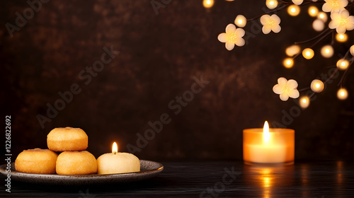 Elegant arrangement of traditional Qingming Festival offerings, featuring symbolic items like willow branches, incense, and food offerings, presented with a serene, respectful atmosphere.
 photo