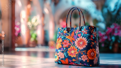 Wallpaper Mural Colorful floral bag placed on a patterned tiled floor with vibrant colors and design elements Torontodigital.ca