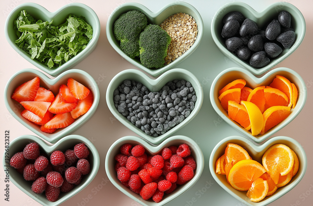 Naklejka premium A heart-shaped arrangement of nutritious foods, including fresh fruits, vegetables, and nuts, elegantly placed in white bowls on a sleek grey background, symbolizing health, wellness, 