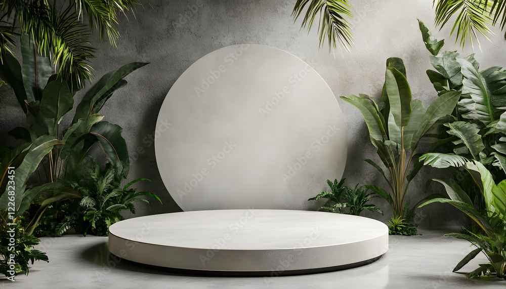 Minimalist Tropical Display Platform With Circular Backdrop Minimalist Tropical Display Platform With Circular Backdrop