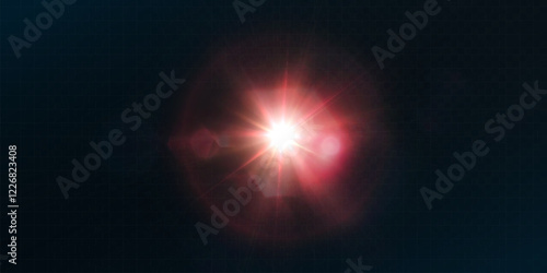 Red glowing star burst light effect. Lens reflection light flare. Glow effect. Star bursts with shimmering glitter. Beautiful shimmering glare light effect.
