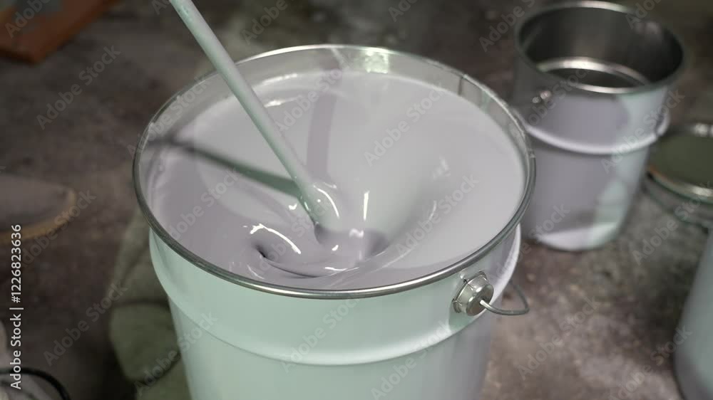 A worker mixes the paint in a bucket with a mixer A worker mixes the paint in a bucket with a mixer