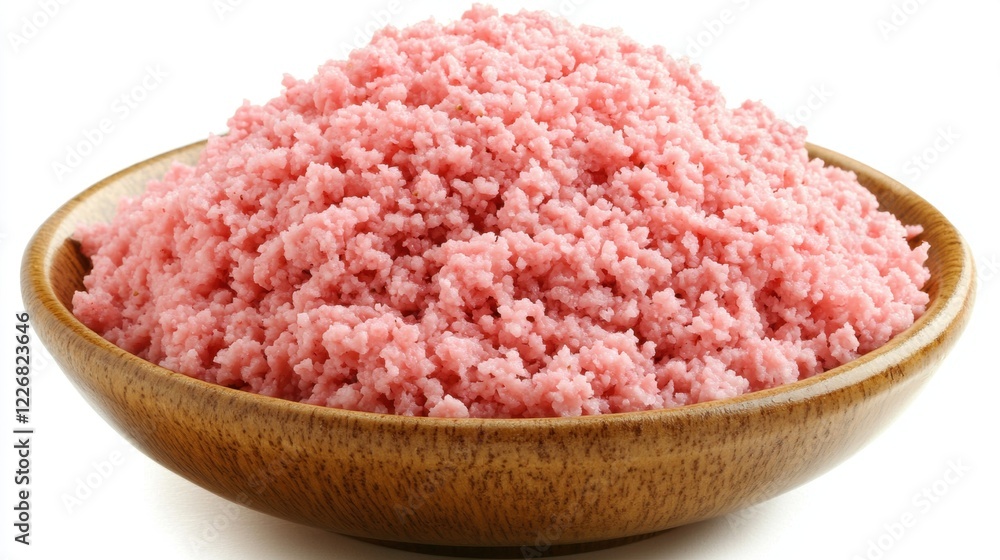 Pink Himalayan Salt Heap in Wooden Bowl on White Background Pink Himalayan Salt Heap in Wooden Bowl on White Background