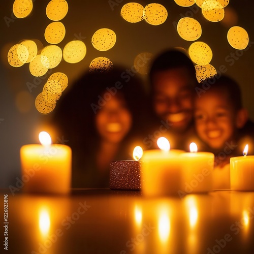 A peaceful moment as a family lights candles together on their windowsills, reflecting on the meaning of the celebration, [Day of the Little Candles], [reflection, peace],