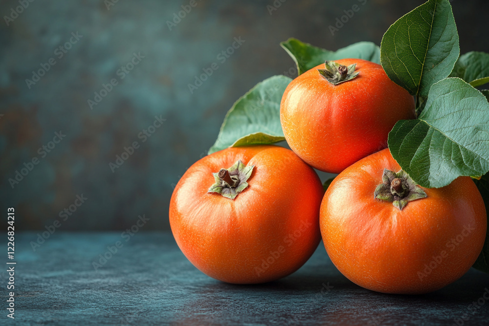 Three ripe persimmons rest on a dark surface with leaves Three ripe persimmons rest on a dark surface with leaves