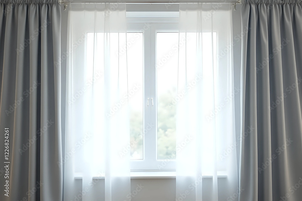 Light grey window curtains and white tulle indoors Light grey window curtains and white tulle indoors