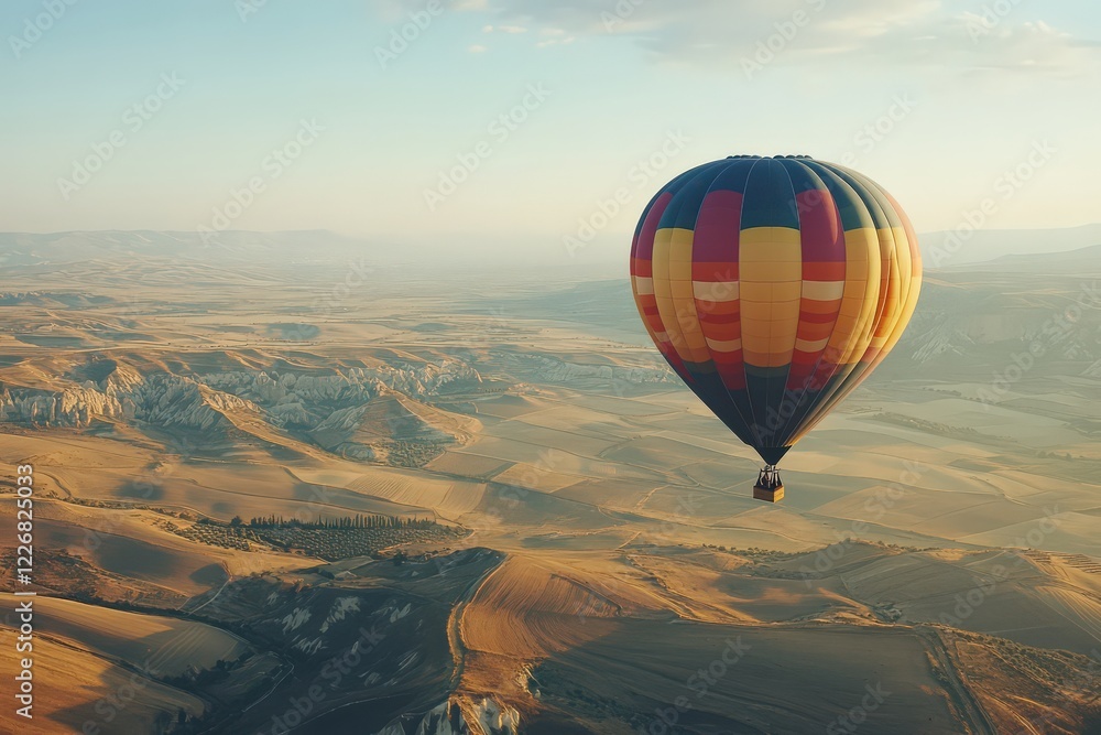 Obraz premium A colorful hot air balloon drifting over a countryside valley filled with patchwork fields