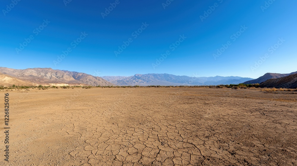 Dirt field landscape with a mountain range in the background under a clear blue sky Dirt field landscape with a mountain range in the background under a clear blue sky