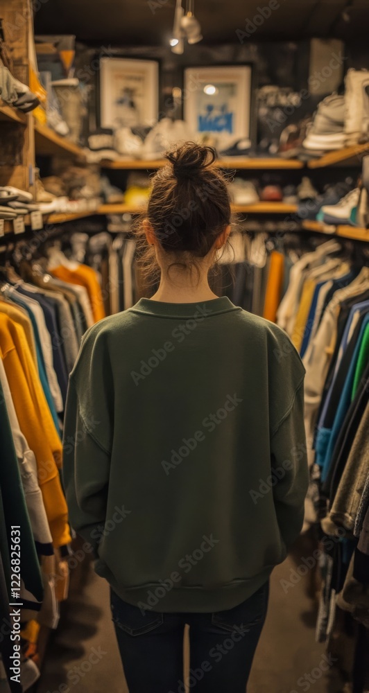 Young woman with a casual bun hairstyle standing in a vintage clothing store, looking at racks of clothes in a cozy, nostalgic setting. . Young woman with a casual bun hairstyle standing in a vintage clothing store, looking at racks of clothes in a cozy, nostalgic setting. .