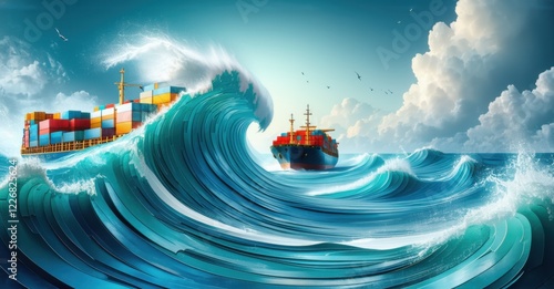 Container ships navigating towering ocean waves, symbolizing global trade challenges, resilience, commerce flow. Vivid, dynamic composition capturing movement, connectivity photo