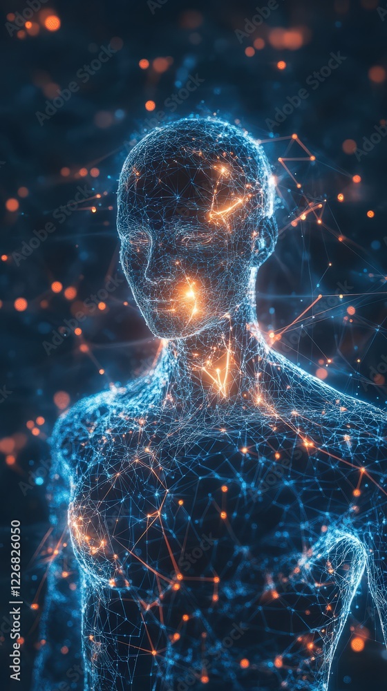 A conceptual representation of artificial intelligence with a glowing humanoid figure surrounded by neural patterns A conceptual representation of artificial intelligence with a glowing humanoid figure surrounded by neural patterns
