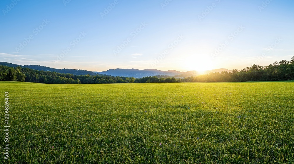 Fototapeta premium Expansive field of green grass with distant mountains under a clear blue sky in a natural landscape setting