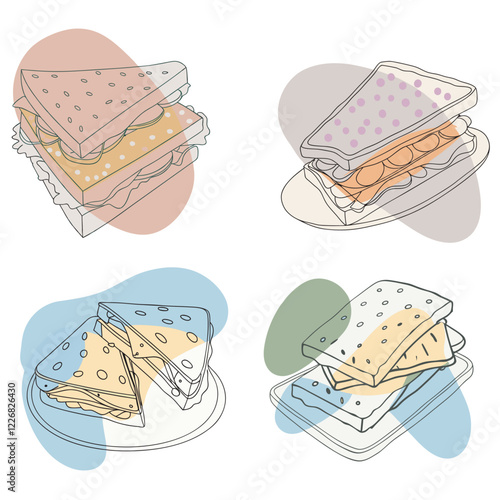 Cheese sandwiches. Melting cheese on pizza burger sandwich. Tasty food, fast food with dripping cheddar mozzarella emmental sauce, nowadays vector illustration