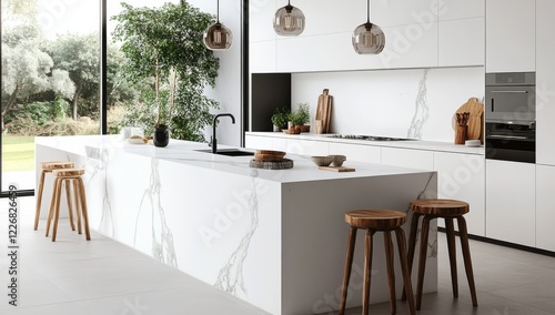 A spacious contemporary kitchen with a marble countertop island, elegant wooden bar stools, and large glass windows overlooking a lush green garden.  . photo