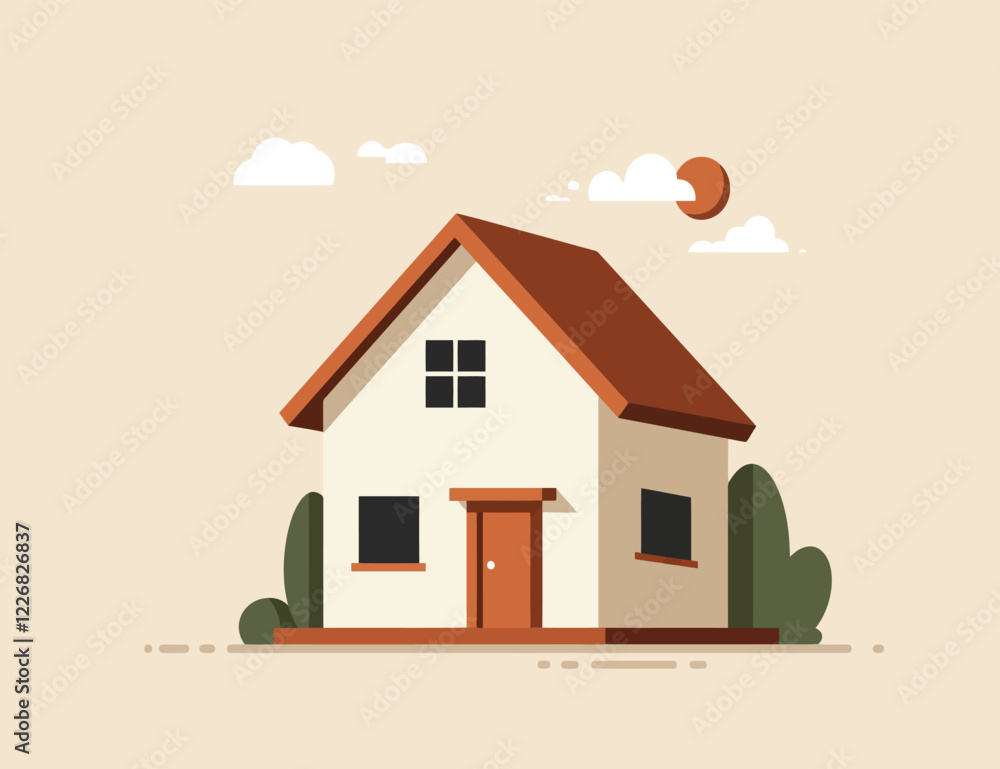 Illustration of a two-storey detached house with bushes Illustration of a two-storey detached house with bushes
