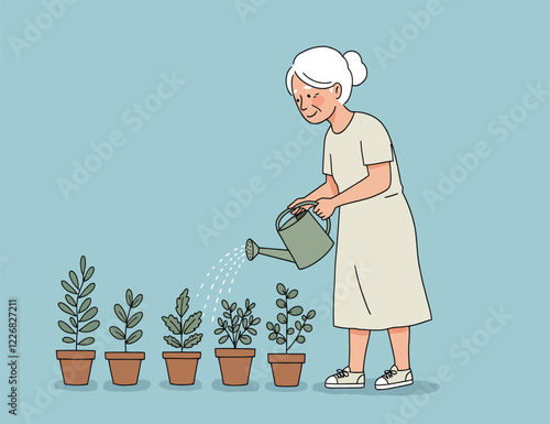 Illustration of an old lady watering plants in pots