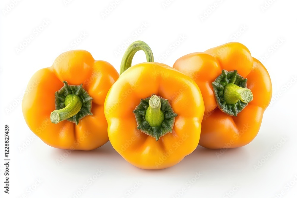 Three orange bell peppers studio shot, white background, food photography, recipe ingredient Three orange bell peppers studio shot, white background, food photography, recipe ingredient