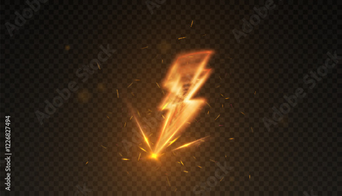 Bright lightning strike light with bright sparks and explosion effect. Vector