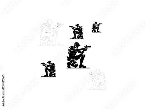 Pistol shooting sport silhouette collection set air pistol handgun shooting flat design soldier silhouette vector and line art design.