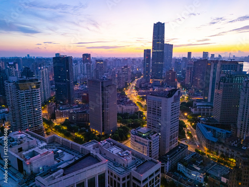 Photography Aerial view of shanghai skyline at dawn